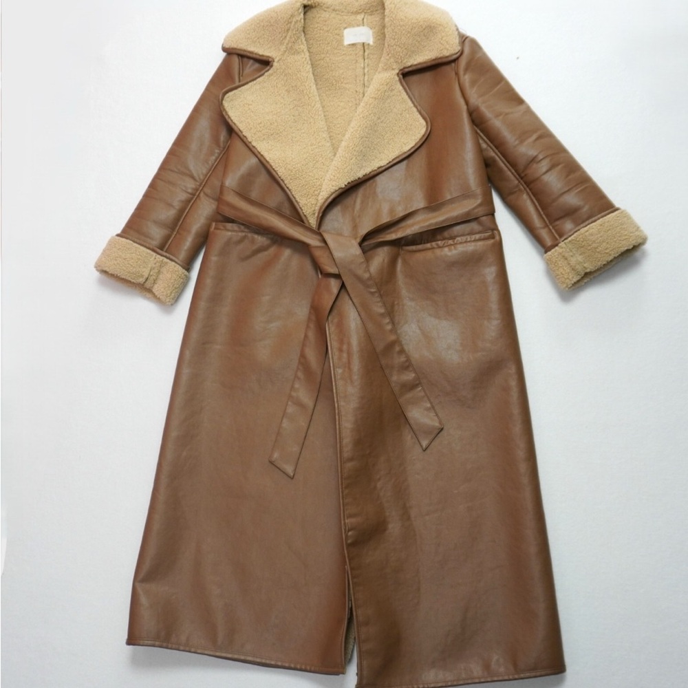 OAK + FORT Faux Sherling Wrap Trench Coat - Vegan Leather Outer